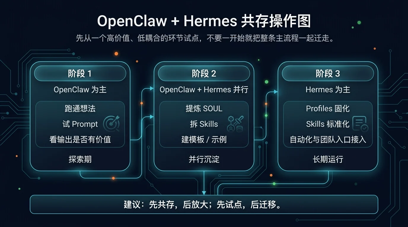 OpenClaw + Hermes 共存操作图：从 OpenClaw 为主，到 OpenClaw + Hermes 并行，再到 Hermes 为主的三阶段推进。