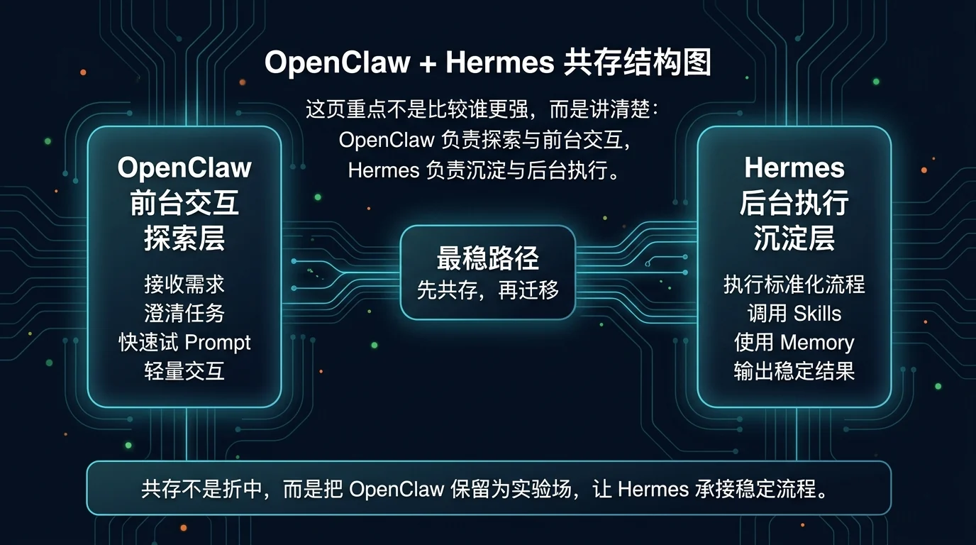 OpenClaw + Hermes 共存结构图：OpenClaw 作为前台交互与探索层，Hermes 作为后台执行与沉淀层，中间最稳路径是先共存再迁移。