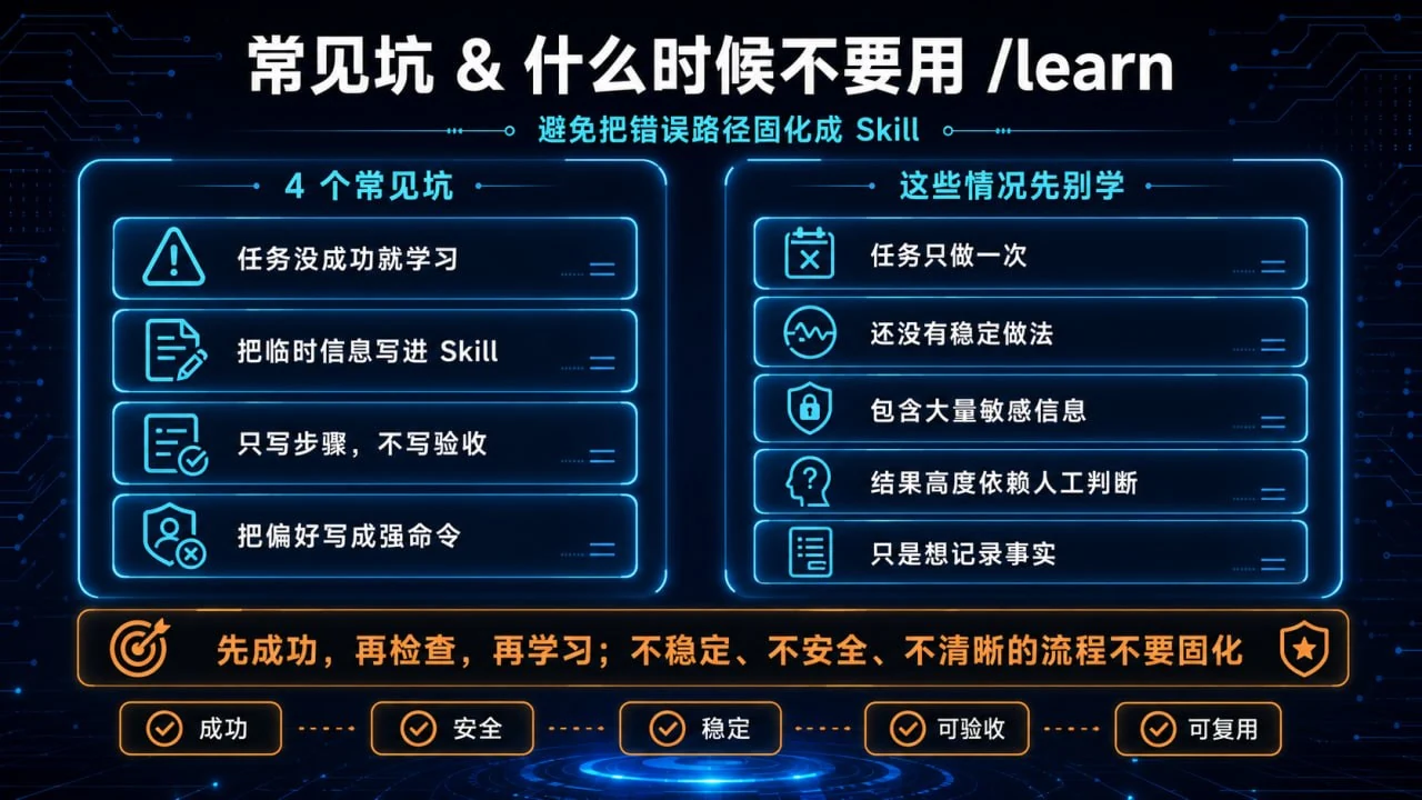 常见坑和不要使用 learn 的情况：先成功、再检查、再学习，不稳定流程不要固化