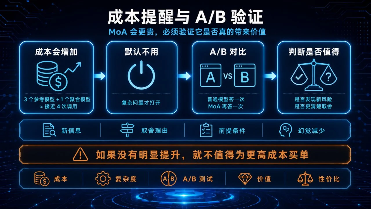 成本提醒与 A/B 验证：MoA 成本更高，必须验证是否真的带来价值