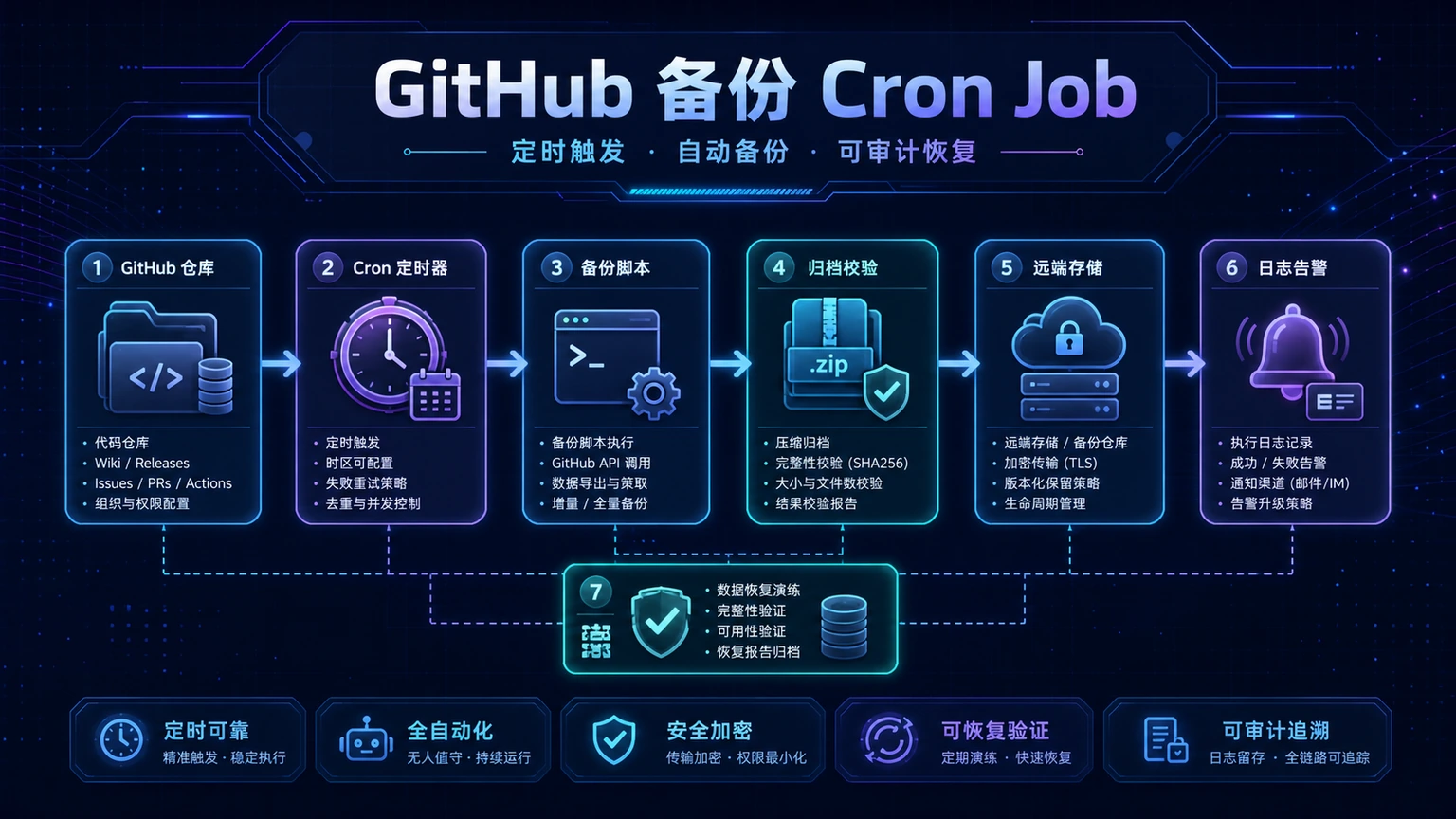 GitHub 备份流程图:本地 Hermes 目录、定时 git add commit push、远程私有仓库存档