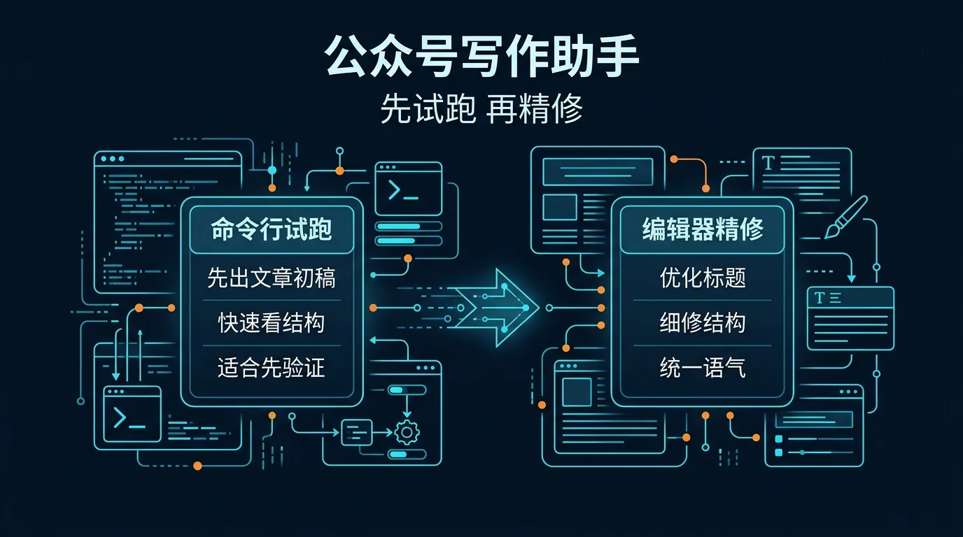 对比图：左边是 CLI 先快速出一版文章草稿，右边是 ACP 进入编辑器继续精修标题、结构和语气