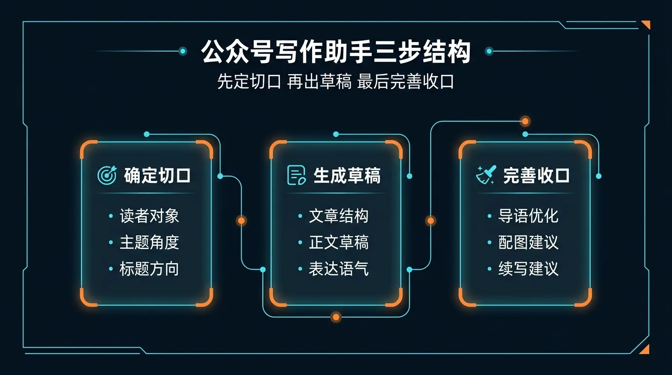 结构图：先定切口，再拿到文章草稿，最后补导语、配图、收口与续写方向