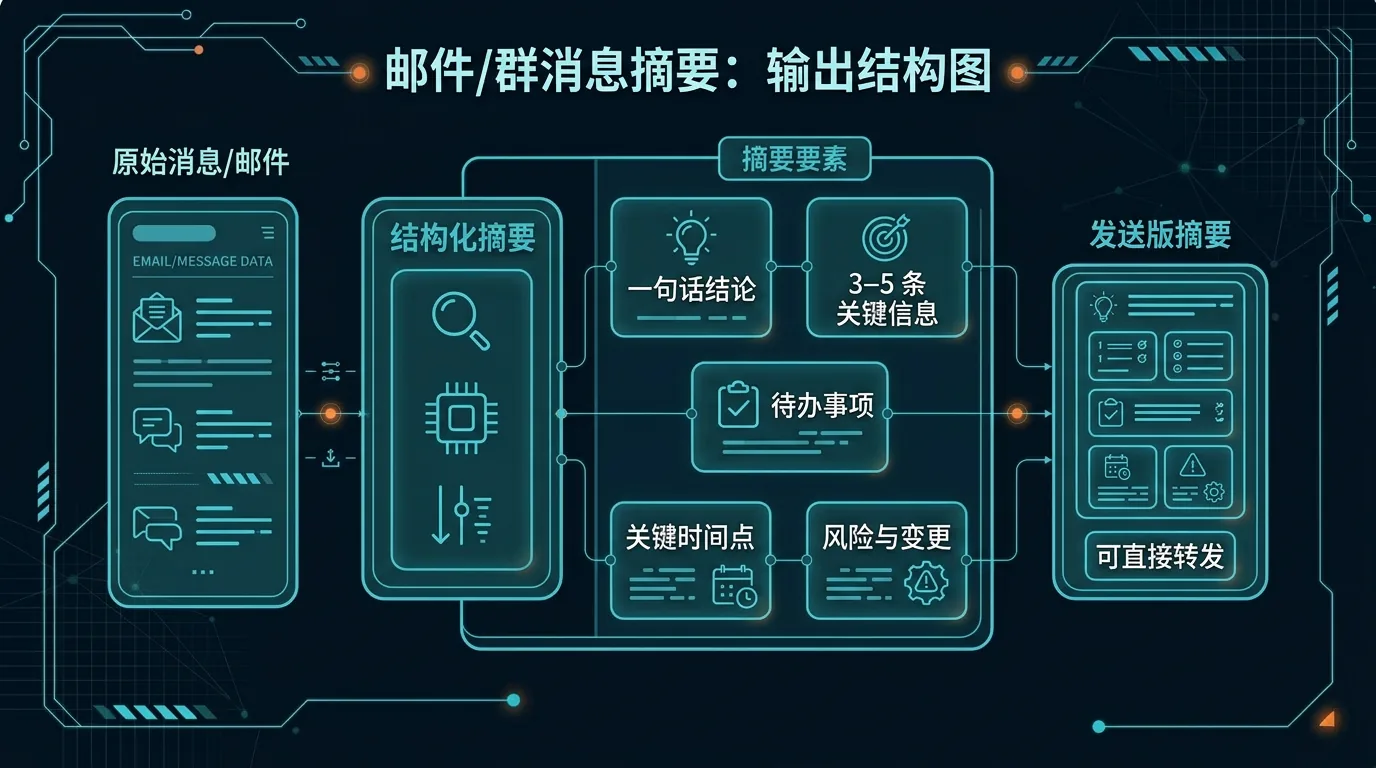 结构图:原始群消息或长邮件先整理成结构化摘要,再压缩成可直接转发的同步消息,确保结论、待办和关键时间点都不丢