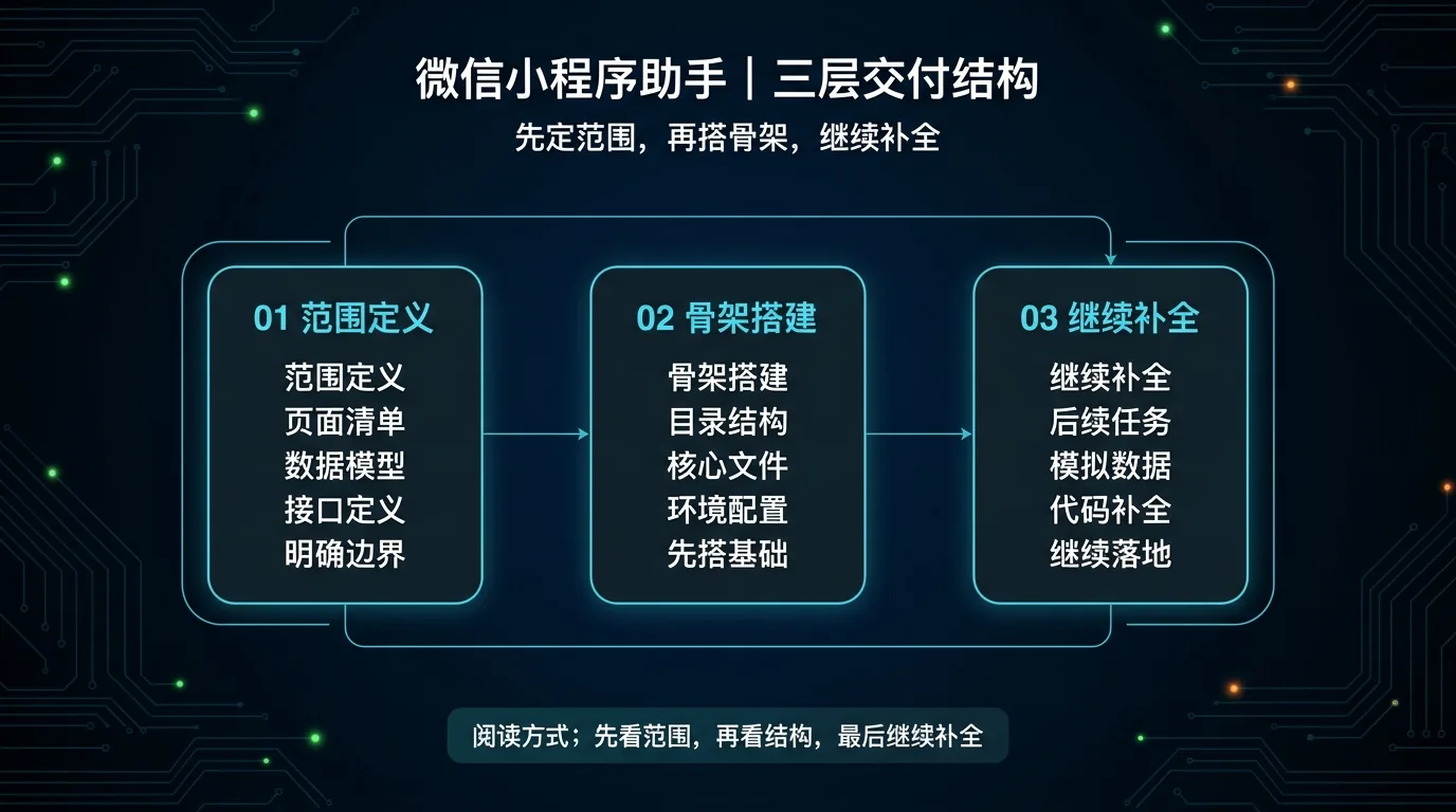 结构图：把“你会拿到什么”拆成 3 个连续交付阶段——先定范围，再搭骨架，最后继续补全