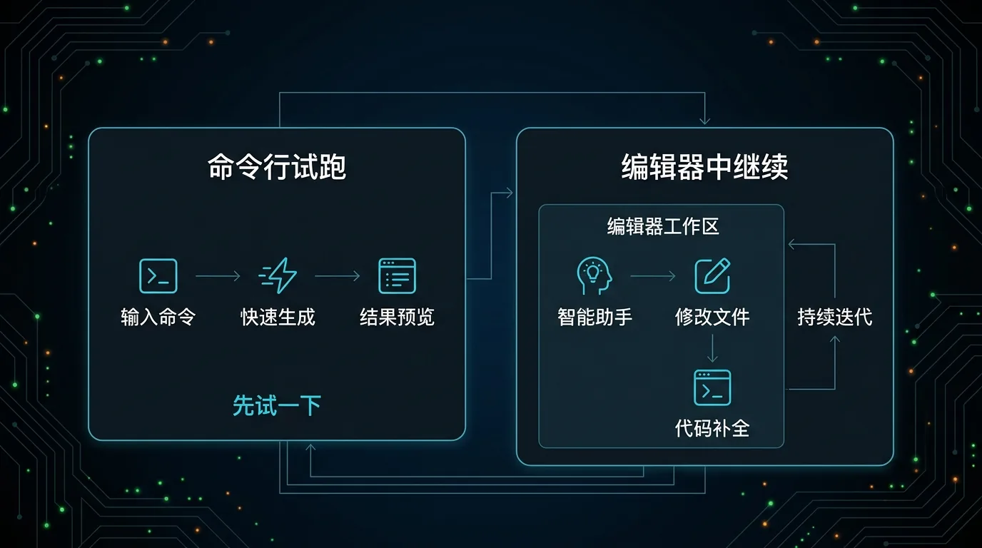 对比图：左侧命令行试跑适合先快速生成并预览结果；右侧编辑器中继续适合借助智能助手持续修改文件与补全代码