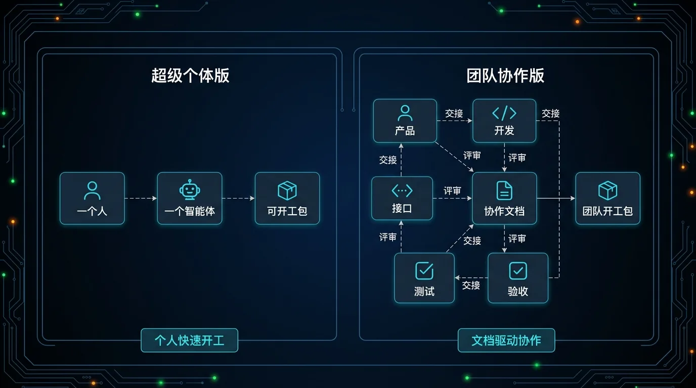 对比图：左侧是超级个体版，一人配一个智能体快速拿到可开工包；右侧是团队协作版，多角色围绕协作文档交接与评审，最终形成团队开工包