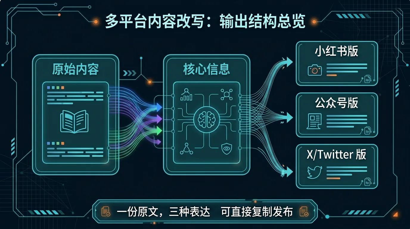 结构图：同一篇原始内容先提炼核心信息，再分别输出小红书版、公众号版和 X/Twitter 版，每个平台都强调可直接复制发布
