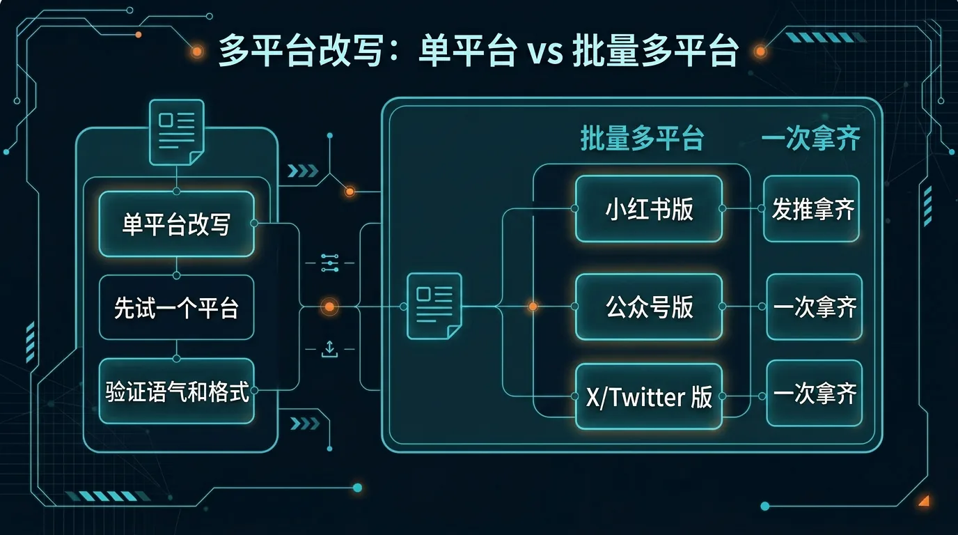 对比图：左侧是先改一个平台，适合第一次试跑、先验证语气和格式；右侧是批量多平台改写，适合团队一次拿齐小红书、公众号和 X/Twitter 多份成品