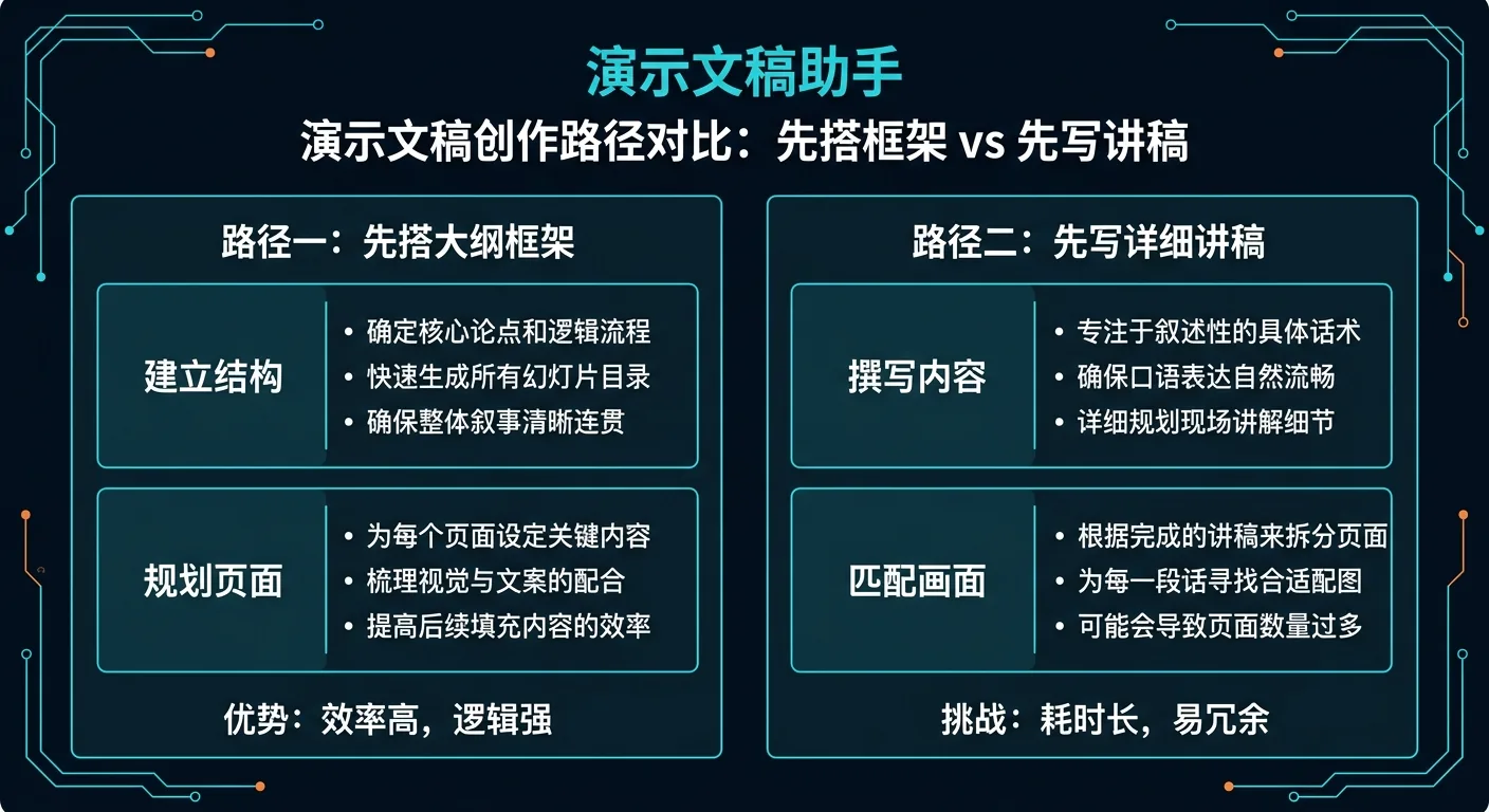 对比图：左边是先出一版结构，右边是先出逐页讲稿，内容结构保持清楚，背景统一到整体深蓝黑技术文档家族